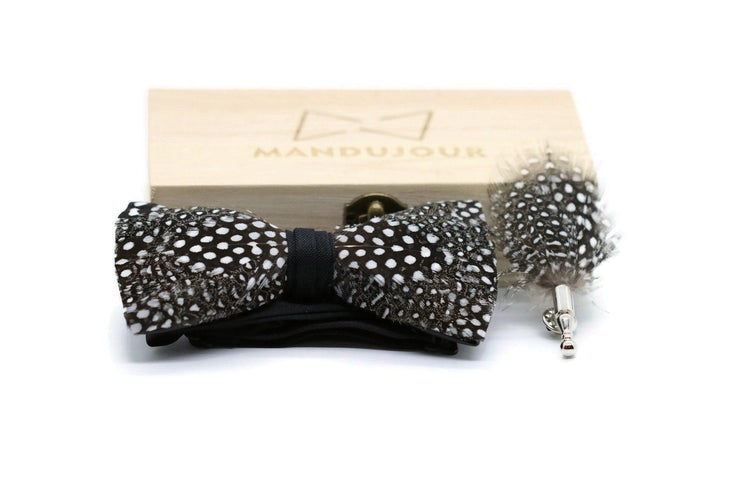 Dallas Polkadot Feather Bow Tie  with Feather Lapel Pin Set - Mandujour Handmade - Mandujour