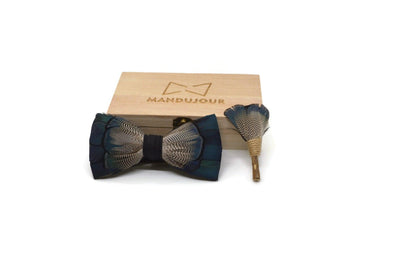 Denver Blues Feather Bow Tie & Lapel pin set - Mandujour Handmade gift for men - Mandujour