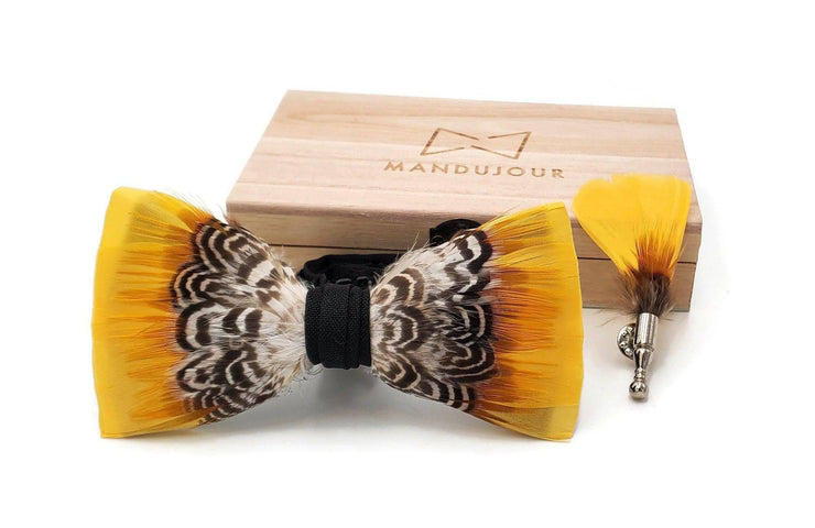 English Turkey Feather Bow Tie  with Feather Lapel Pin Set - Mandujour