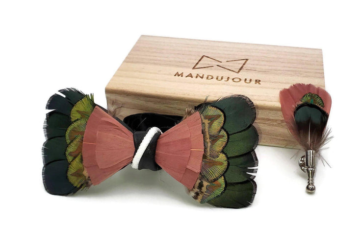 Exotic Fruitloop Feather Bow Tie with Feather Lapel Pin Set - Mandujour