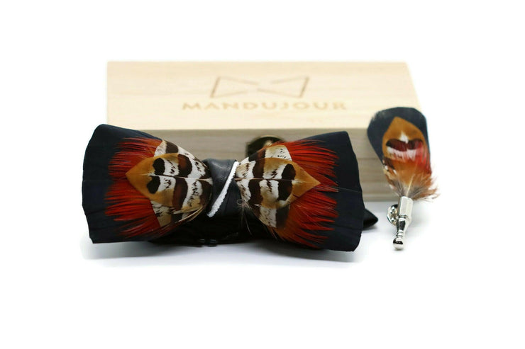 Exotic Konga
Feather Bow Tie with Feather Lapel Pin Set - Mandujour
