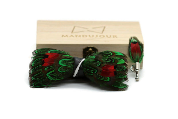 Exotic Lucky Feather Bow Tie with Feather Lapel Pin Set - Mandujour