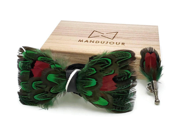 Exotic Lucky Feather Bow Tie with Feather Lapel Pin Set - Mandujour