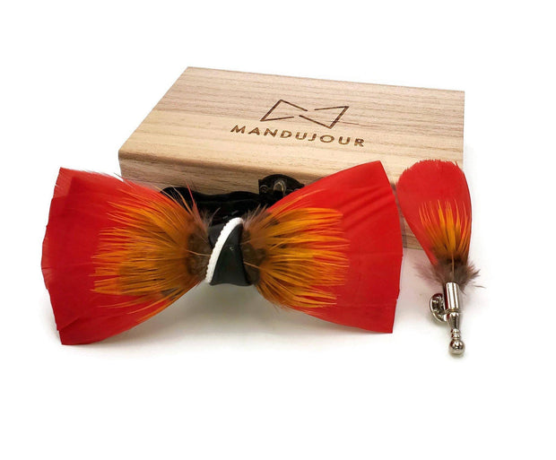 Exotic Mango Feather Bow Tie with Feather Lapel Pin Set - Mandujour