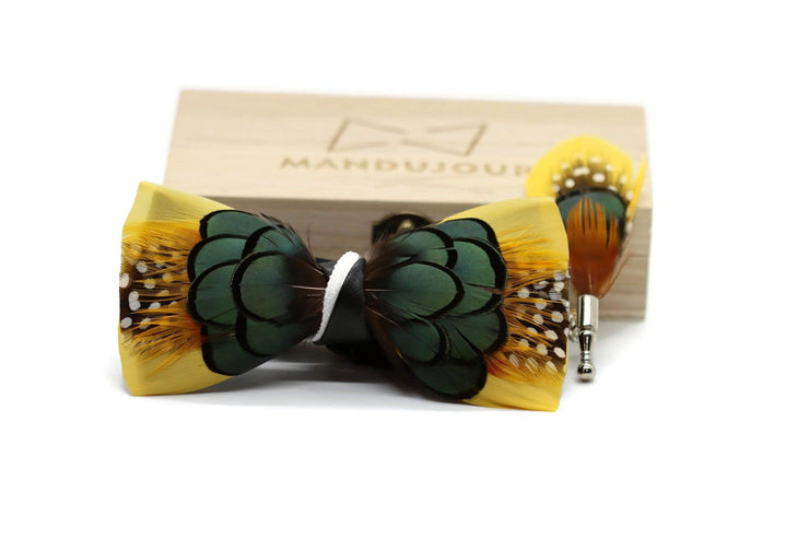 Exotic Tweety Feather Bow Tie with Feather Lapel Pin Set - Mandujour