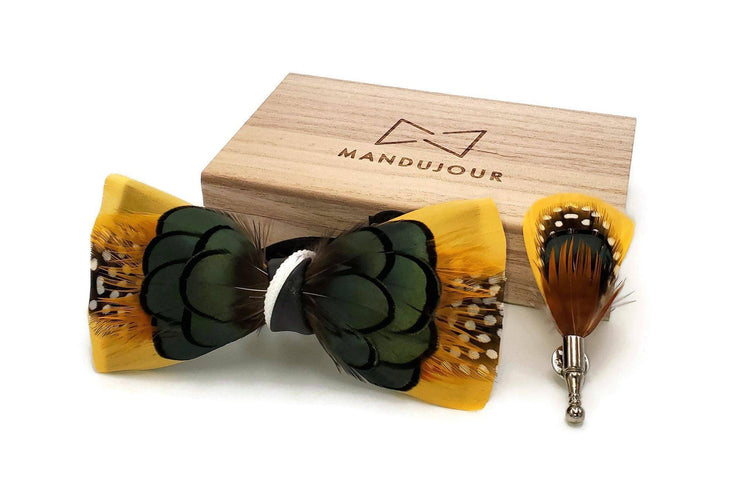 Exotic Tweety Feather Bow Tie with Feather Lapel Pin Set - Mandujour