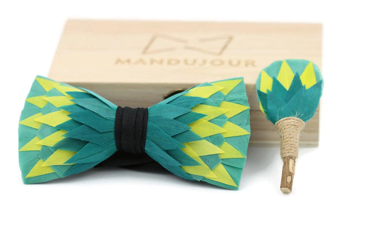 Fort Worth Electric Feather Bow Tie & Lapel pin set - Mandujour Handmade - Mandujour