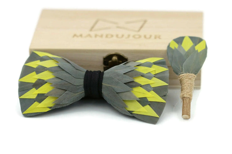 Fort Worth Electric Feather Bow Tie & Lapel pin set - Mandujour Handmade - Mandujour