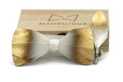 Gold and White Bird Feather Bow Ties lapel Pin Set - Mandujour