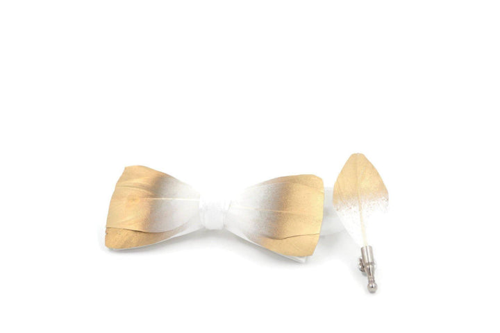 Gold and White Bird Feather Bow Ties lapel Pin Set 2 - Mandujour