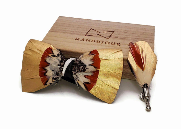 Golden eggnog Feather Bow Tie with Feather Lapel Pin Set - Mandujour