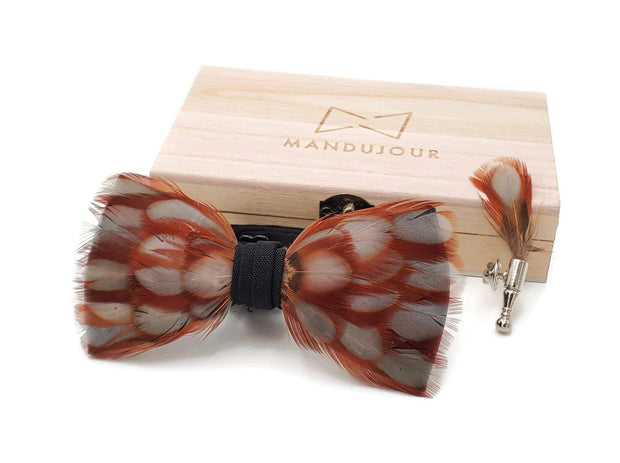 Gray Thanksgiving colors Feather Bow Tie  with Feather Lapel Pin Set - Mandujour