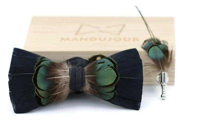 Green on Black Feather Bow Tie  with Feather Lapel Pin Set - Mandujour Handmade - Mandujour