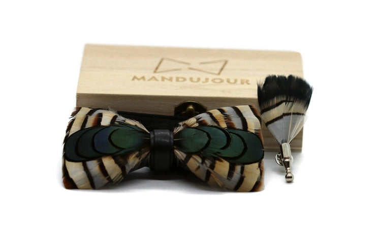 Green Pheasant Feather Bow Ties lapel Pin Set - Mandujour Handmade - Mandujour