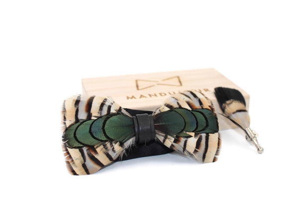 Green Pheasant Feather Bow Ties lapel Pin Set - Mandujour Handmade - Mandujour