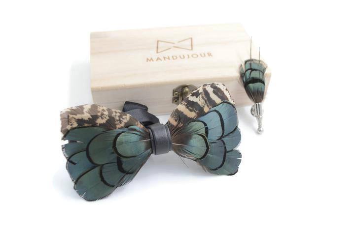 Greenish brown Pheasant Feather Bow Ties lapel Pin Set - Mandujour