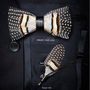 Guinea brown feather bow tie & lapel pin set - Mandujour