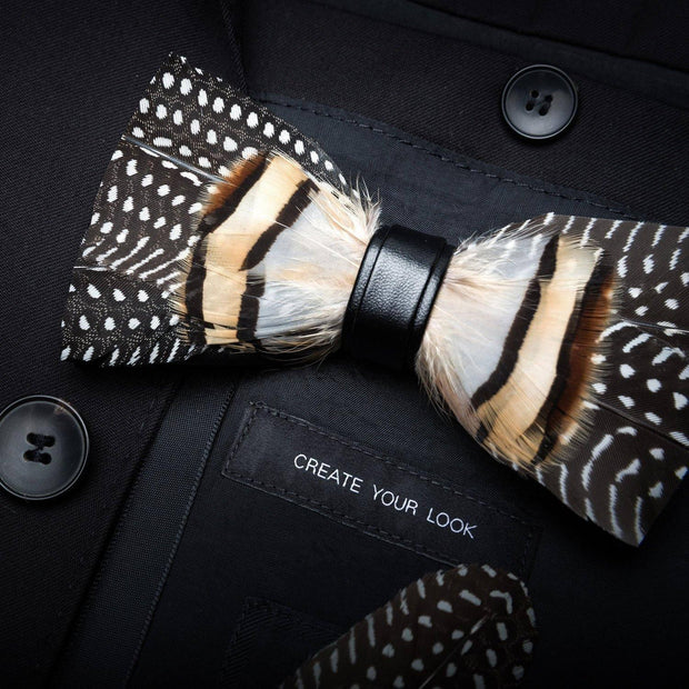 Guinea brown feather bow tie & lapel pin set - Mandujour