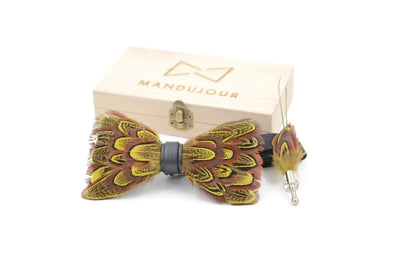 Guinea brown yellow feather bow tie & lapel pin set - Mandujour