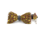Guinea brown yellow feather bow tie & lapel pin set - Mandujour
