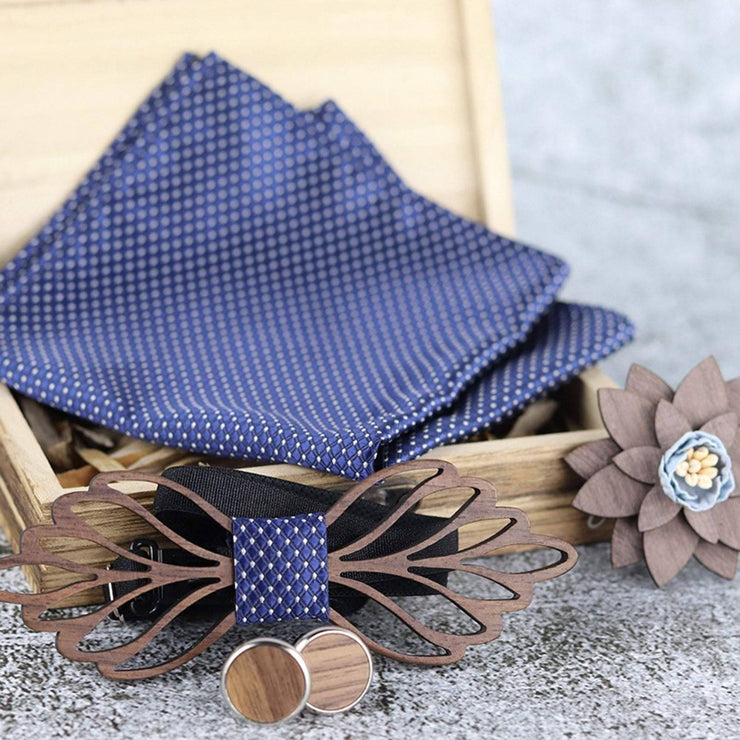 Handmade American Black walnut wooden bow tie pocket square cuff-links wooden lapel pin set - Mandujour