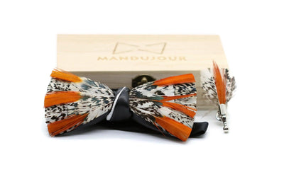 Houston Feather Bow Tie  with Feather Lapel Pin Set - Mandujour Handmade - Mandujour