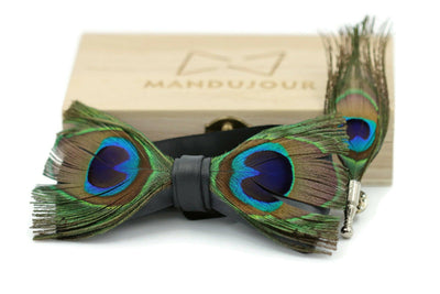 Indian peafowl Feather Bow Tie & Lapel pin set - Mandujour Handmade bow ties - Mandujour