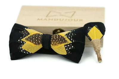 Indianapolis Flower Bomb Black Feather Bow Tie with Feather Lapel Pin Set - Mandujour Handmade - Mandujour