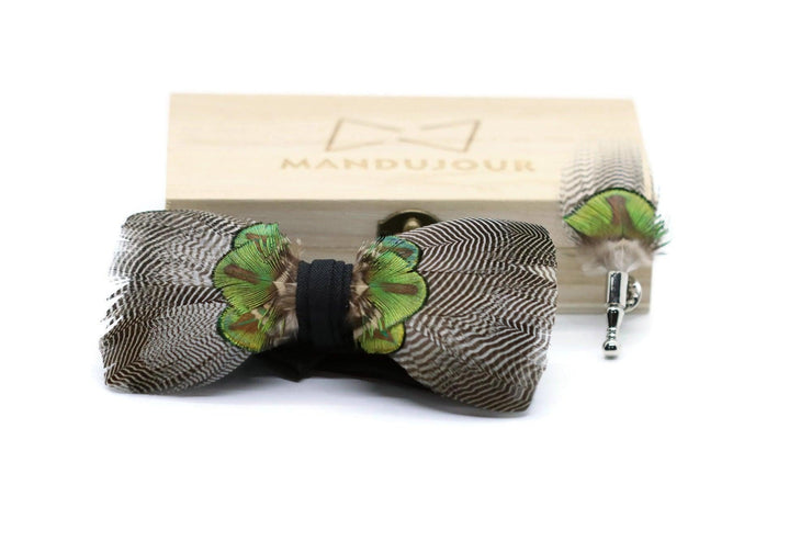 Jacksonville grey green Feather Bow Tie  with Feather Lapel Pin Set - Mandujour Handmade - Mandujour