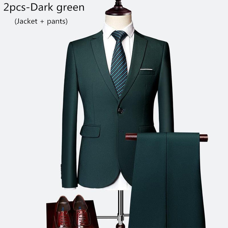 Luxury 2 piece men's wedding suit fashion men's slim solid color business office suit sets large size men Blazer+ pants + vest - Mandujour