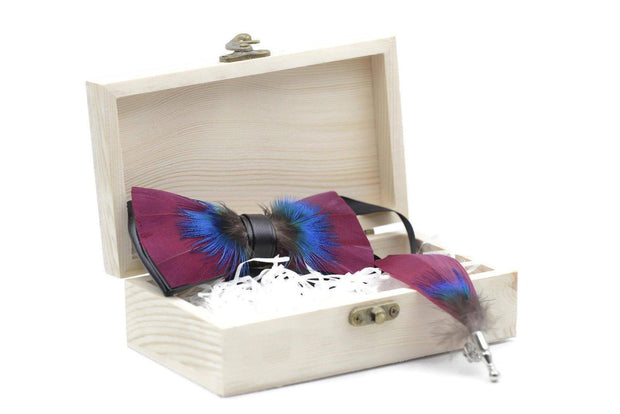 Magenta Feather Bow Tie and Lapel Pin set - Mandujour Handmade bow ties - Mandujour