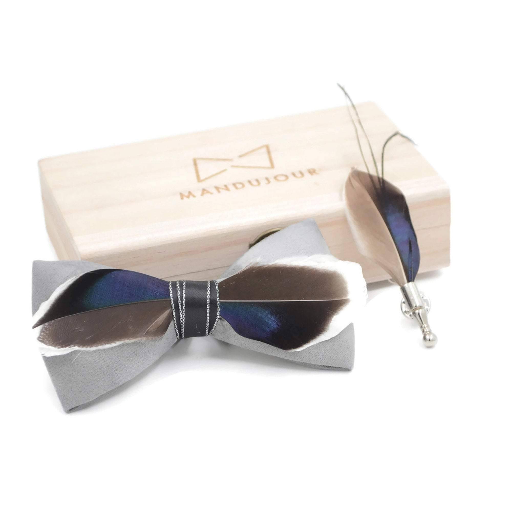 Mallard Duck Feather Bow Tie with Feather Lapel Pin Set - Gray - Mandujour