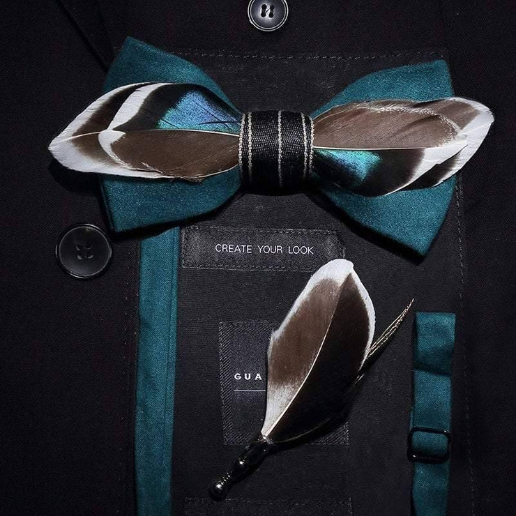 Mallard Duck Feather Bow Tie with Feather Lapel Pin Set | Handmade