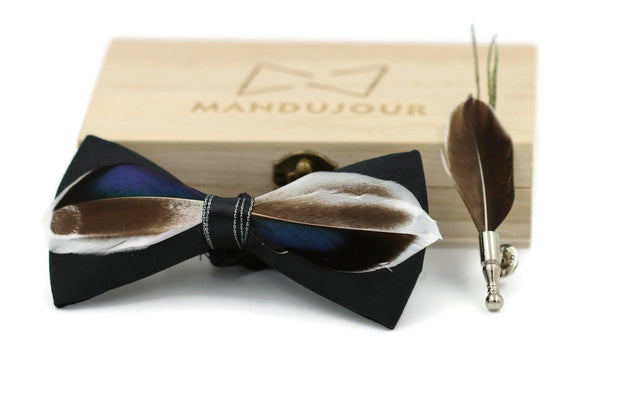 Mallard Duck Feather Bow Tie  with Feather Lapel Pin Set - Mandujour