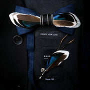 Mallard Duck Feather Bow Tie  with Feather Lapel Pin Set - Mandujour