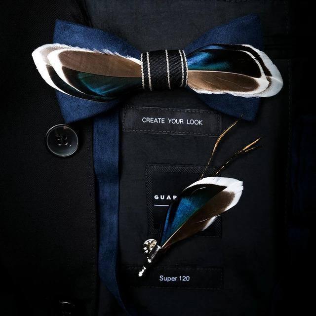Mallard Duck Feather Bow Tie with Feather Lapel Pin Set | Handmade