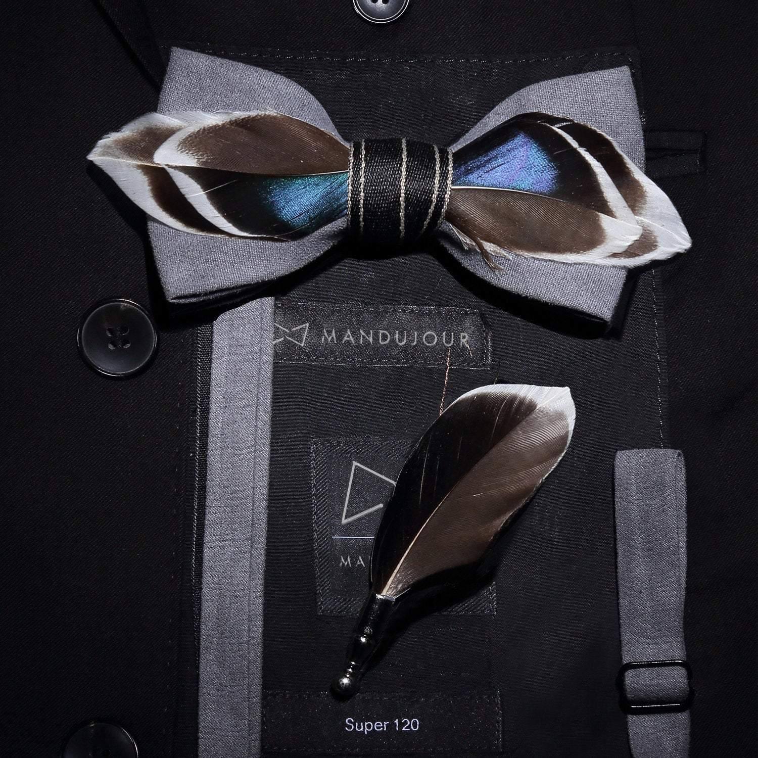 Mallard Duck Feather Bow Tie with Feather Lapel Pin Set – Mandujour