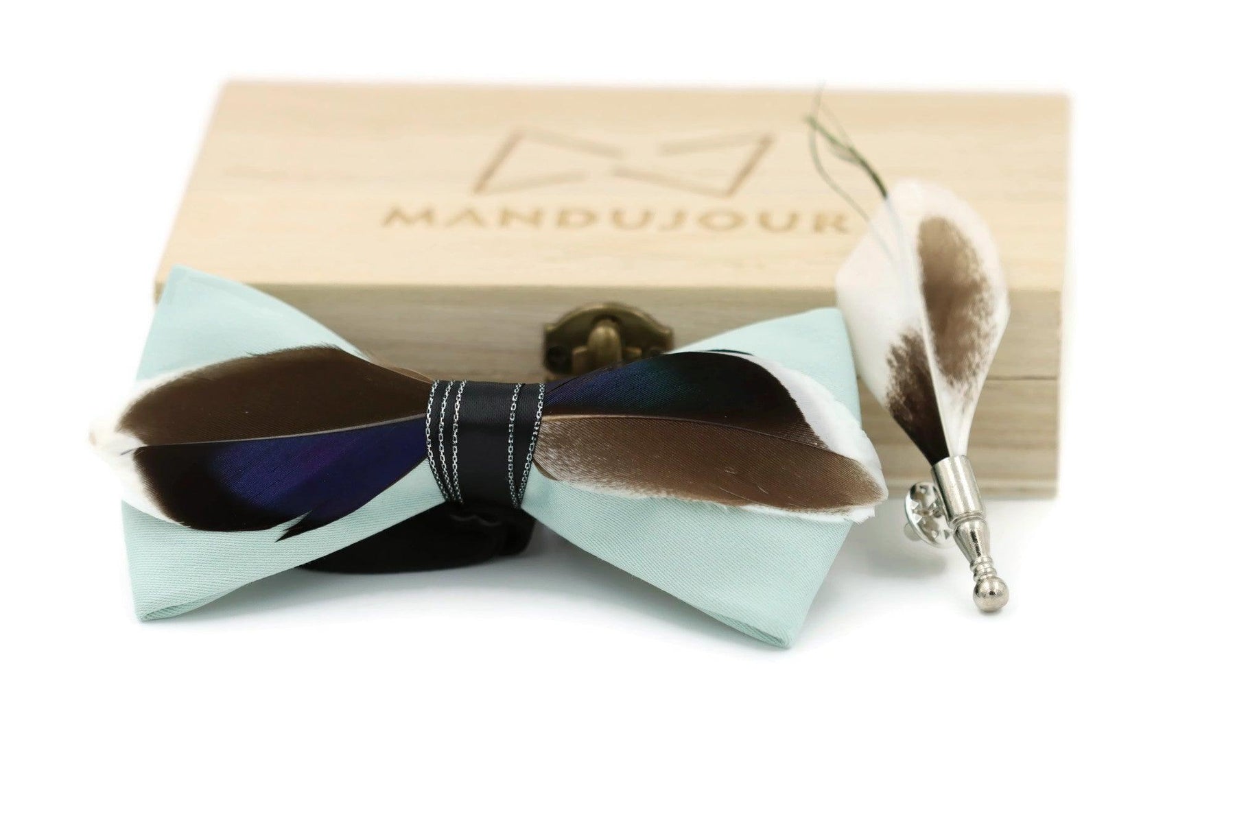 Mallard Duck Feather Bow Tie with Feather Lapel Pin Set - Green - Mandujour