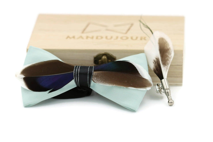 Mallard Duck Feather Bow Tie  with Feather Lapel Pin Set - Mandujour