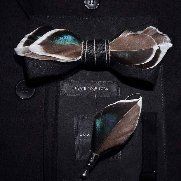 Mallard Duck Feather Bow Tie  with Feather Lapel Pin Set - Mandujour
