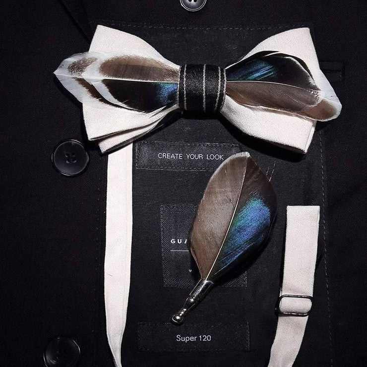 Mallard Duck Feather Bow Tie with Feather Lapel Pin Set | Handmade