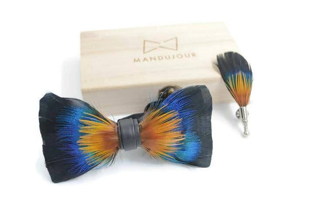 Multicolored Peacock Feathers Bow Ties lapel Pin Set - Mandujour