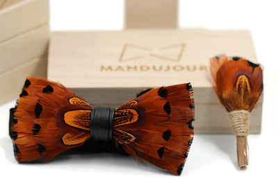 Orange Feather Bow Ties lapel Pin Set - Mandujour