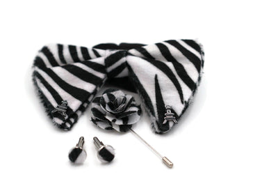Paris black and white Zebra Print Velvet Oversized bow tie lapel flower pin cufflinks set - Mandujour