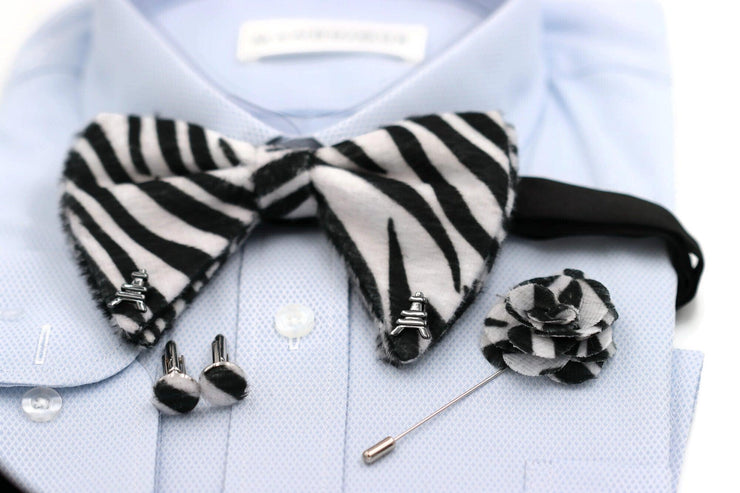 Paris black and white Zebra Print Velvet Oversized bow tie lapel flower pin cufflinks set - Mandujour