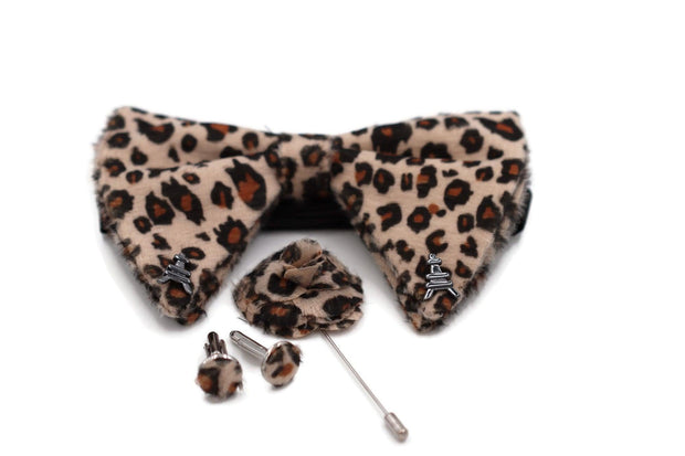 Paris Leopard Print Velvet Oversized bow tie lapel flower pin cufflinks set - Mandujour