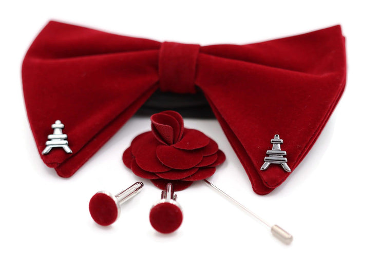 Paris Red Velvet Oversized bow tie with lapel flower pin and cufflinks set - Mandujour