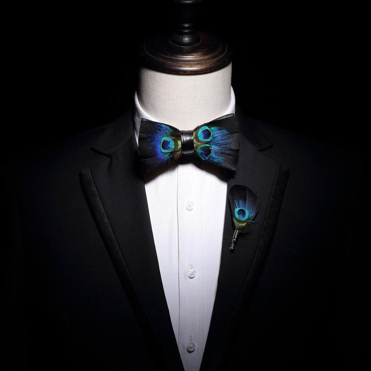 Peacock Midnight Eye Feather Bow Tie & Lapel pin set - Mandujour