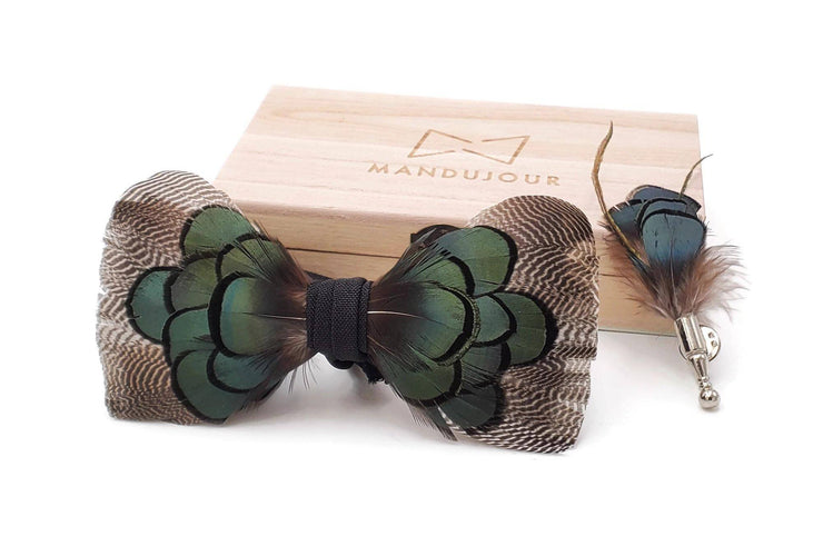 Pheasant and Turkey Feather Bow Tie  with Feather Lapel Pin Set - Mandujour