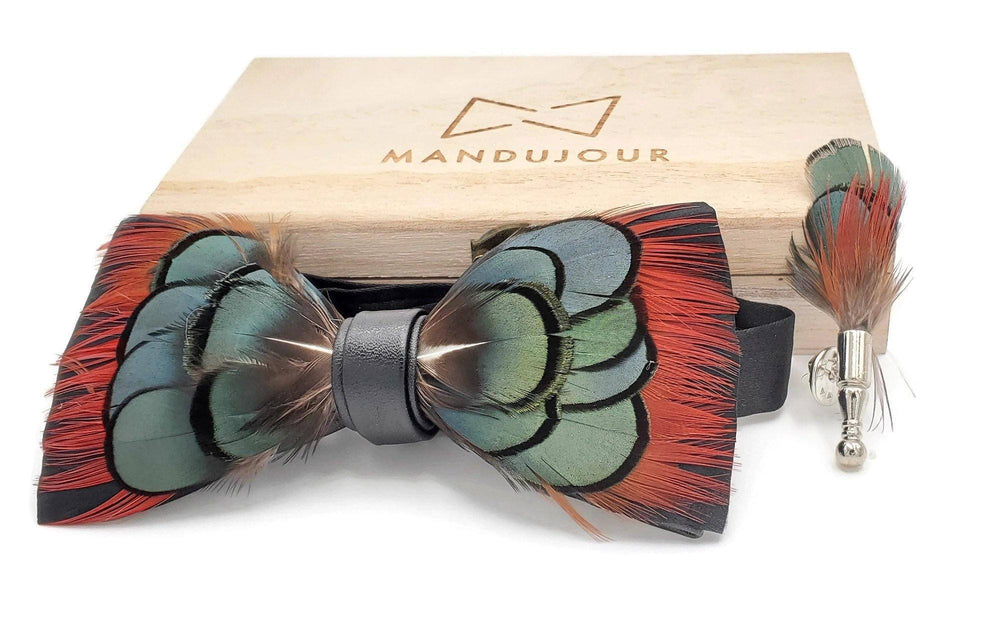 Pheasant greenish orange accents Feather Bow Tie & Lapel pin set - Mandujour